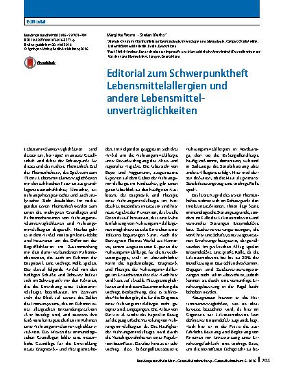 Vorschauseite 1: Editorial zum Schwerpunktheft Lebensmittelallergien und andere Lebensmittelunverträglichkeiten