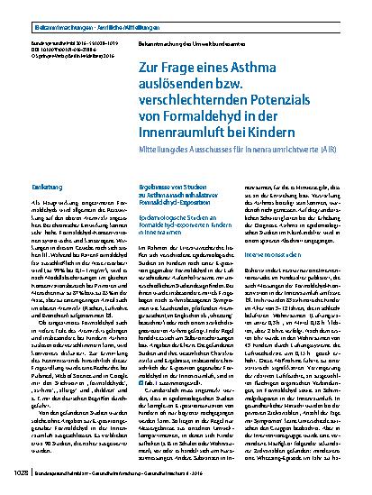 Vorschauseite 1: Zur Frage eines Asthma auslösenden bzw. verschlechternden Potenzials von Formaldehyd in der Innenraumluft bei Kindern