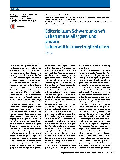Vorschauseite 1: Editorial zum Schwerpunktheft Lebensmittelallergien und andere Lebensmittelunverträglichkeiten