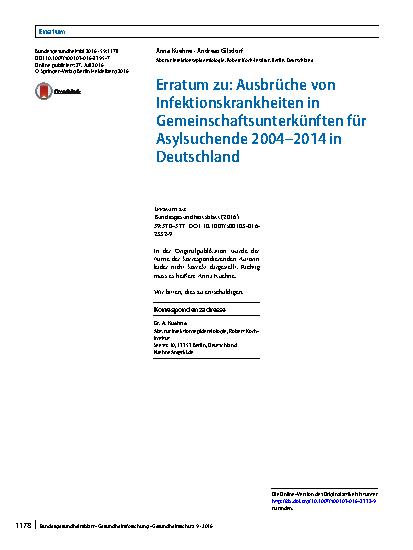 Vorschauseite 1: Erratum zu: Ausbrüche von Infektionskrankheiten in Gemeinschaftsunterkünften für Asylsuchende 2004 – 2014 in Deutschland