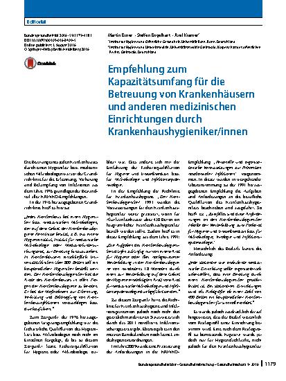 Vorschauseite 1: Empfehlung zum Kapazitätsumfang für die Betreuung von Krankenhäusern und anderen medizinischen Einrichtungen durch Krankenhaushygieniker/innen