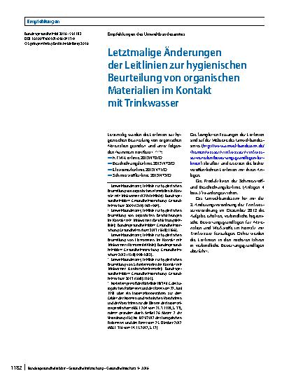 Vorschauseite 1: Letztmalige Änderungen der Leitlinien zur hygienischen Beurteilung von organischen Materialien im Kontakt mit Trinkwasser