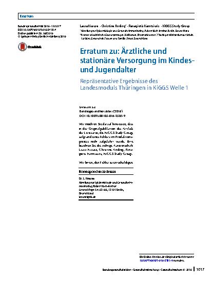 Vorschauseite 1: Erratum zu: Ärztliche und stationäre Versorgung im Kindesund Jugendalter