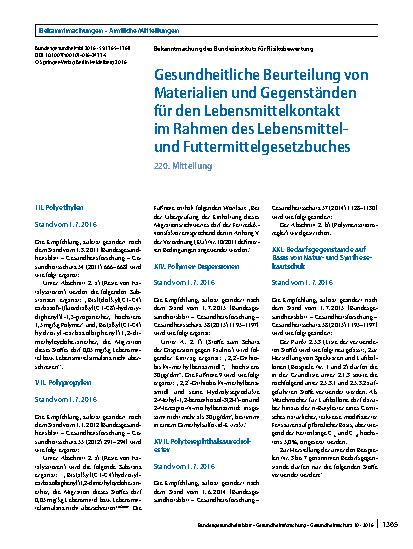Vorschauseite 1: Gesundheitliche Beurteilung von Materialien und Gegenständen für den Lebensmittelkontakt im Rahmen des Lebensmittelund Futtermittelgesetzbuches