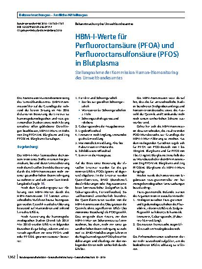 Vorschauseite 1: HBM-I-Werte für Perfluoroctansäure (PFOA) und Perfluoroctansulfonsäure (PFOS) in Blutplasma