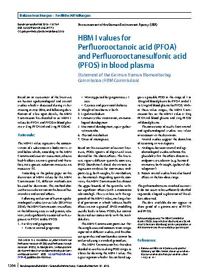 Vorschauseite 1: HBM I values for Perfluorooctanoic acid (PFOA) und Perfluorooctanesulfonic acid (PFOS) in blood plasma