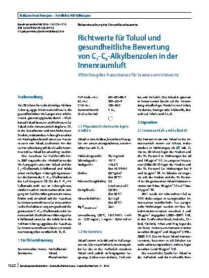 Vorschauseite 1: Richtwerte für Toluol und gesundheitliche Bewertung von C7-C8-Alkylbenzolen in der Innenraumluft
