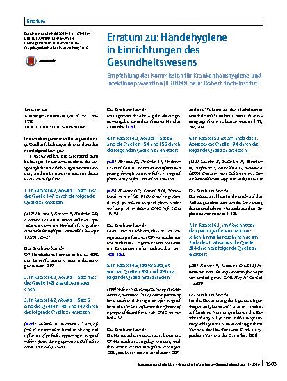 Vorschauseite 1: Erratum zu: Händehygiene in Einrichtungen des Gesundheitswesens