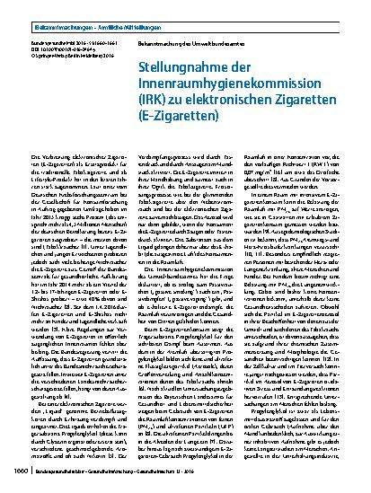 Vorschauseite 1: Stellungnahme der Innenraumhygienekommission (IRK) zu elektronischen Zigaretten (E-Zigaretten)