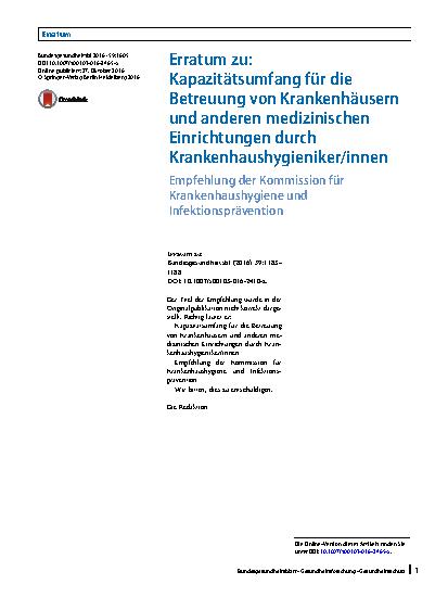 Vorschauseite 1: Erratum zu: Kapazitätsumfang für die Betreuung von Krankenhäusern und anderen medizinischen Einrichtungen durch Krankenhaushygieniker/innen