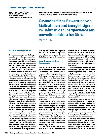 Vorschauseite 1: Gesundheitliche Bewertung von Maßnahmen und Energieträgern im Rahmen der Energiewende aus umweltmedizinischer Sicht