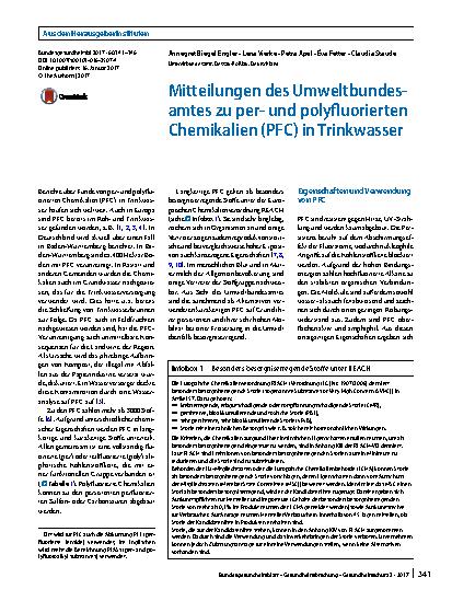 Vorschauseite 1: Mitteilungen des Umweltbundesamtes zu perund polyfluorierten Chemikalien (PFC) in Trinkwasser