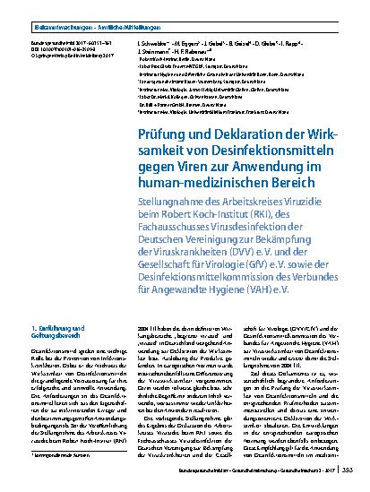 Vorschauseite 1: Prüfung und Deklaration der Wirksamkeit von Desinfektionsmitteln gegen Viren zur Anwendung im human-medizinischen Bereich
