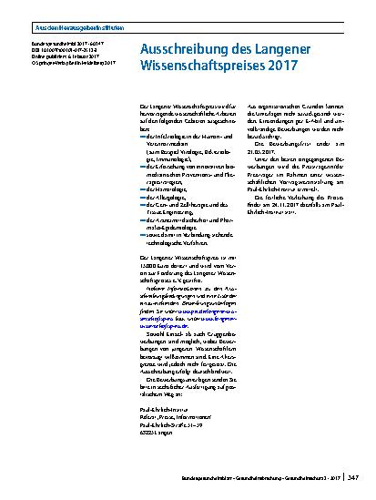 Vorschauseite 1: Ausschreibung des Langener Wissenschaftspreises 2017