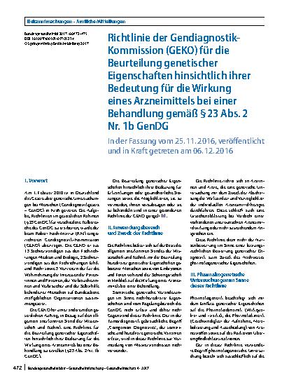 Vorschauseite 1: Richtlinie der Gendiagnostik-Kommission (GEKO) für die Beurteilung genetischer Eigenschaften hinsichtlich ihrer Bedeutung für die Wirkung eines Arzneimittels bei einer Behandlung…