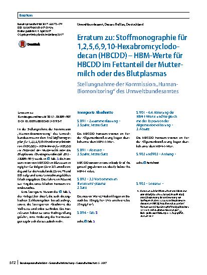 Vorschauseite 1: Erratum zu: Stoffmonographie für 1,2,5,6,9,10-Hexabromcyclododecan (HBCDD) – HBM-Werte für HBCDD im Fettanteil der Muttermilch oder des Blutplasmas