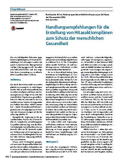 Vorschauseite 1: Handlungsempfehlungen für die Erstellung von Hitzeaktionsplänen zum Schutz der menschlichen Gesundheit