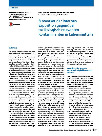 Vorschauseite 1: Biomarker der internen Exposition gegenüber toxikologisch relevanten Kontaminanten in Lebensmitteln