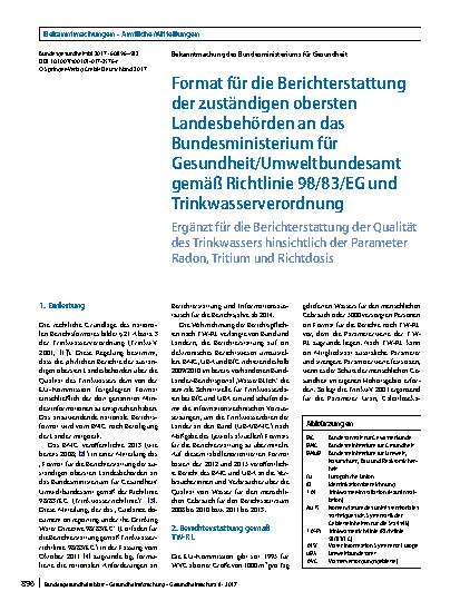 Vorschauseite 1: Format für die Berichterstattung der zuständigen obersten Landesbehörden an das Bundesministerium für Gesundheit/Umweltbundesamt gemäß Richtlinie 98/83/EG und Trinkwasserverordnung