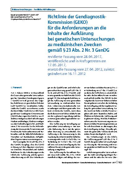 Vorschauseite 1: Richtlinie der Gendiagnostik-Kommission (GEKO) für die Anforderungen an die Inhalte der Aufklärung bei genetischen Untersuchungen zu medizinischen Zwecken gemäß § 23 Abs. 2 Nr. 3…