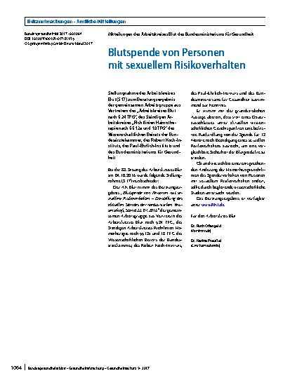 Vorschauseite 1: Blutspende von Personen mit sexuellem Risikoverhalten