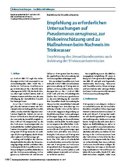 Vorschauseite 1: Empfehlung zu erforderlichen Untersuchungen auf Pseudomonas aeruginosa, zur Risikoeinschätzung und zu Maßnahmen beim Nachweis im Trinkwasser