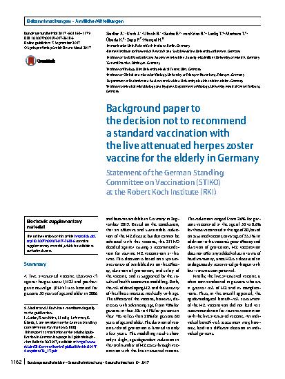 Vorschauseite 1: Background paper to the decision not to recommend a standard vaccination with the live attenuated herpes zoster vaccine for the elderly in Germany