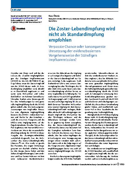 Vorschauseite 1: Die Zoster-Lebendimpfung wird nicht als Standardimpfung empfohlen