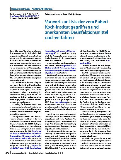 Vorschauseite 1: Vorwort zur Liste der vom Robert Koch-Institut geprüften und anerkannten Desinfektionsmittel und -verfahren
