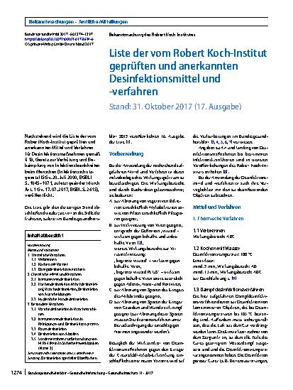 Vorschauseite 1: Liste der vom Robert Koch-Institut geprüften und anerkannten Desinfektionsmittel und -verfahren