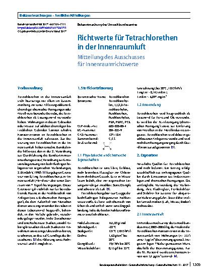 Vorschauseite 1: Richtwerte für Tetrachlorethen in der Innenraumluft