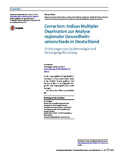 Vorschauseite 1: Correction: Indizes Multipler Deprivation zur Analyse regionaler Gesundheitsunterschiede in Deutschland