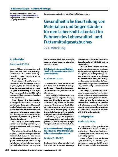 Vorschauseite 1: Gesundheitliche Beurteilung von Materialien und Gegenständen für den Lebensmittelkontakt im Rahmen des Lebensmittelund Futtermittelgesetzbuches