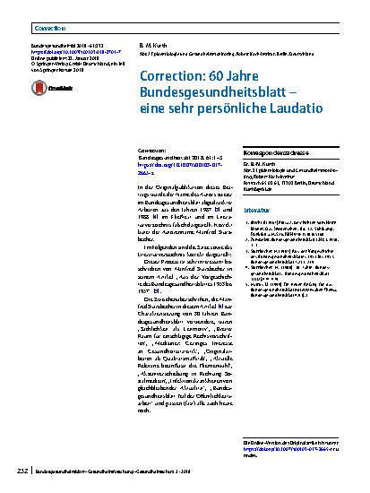 Vorschauseite 1: Correction: 60 Jahre Bundesgesundheitsblatt – eine sehr persönliche Laudatio