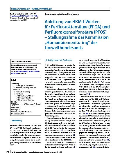 Vorschauseite 1: Ableitung von HBM-I-Werten für Perfluoroktansäure (PFOA) und Perfluoroktansulfonsäure (PFOS) – Stellungnahme der Kommission „Humanbiomonitoring“ des Umweltbundesamts
