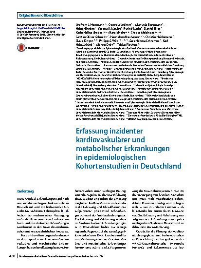 Vorschauseite 1: Erfassung inzidenter kardiovaskulärer und metabolischer Erkrankungen in epidemiologischen Kohortenstudien in Deutschland