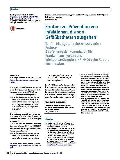 Vorschauseite 1: Erratum zu: Prävention von Infektionen, die von Gefäßkathetern ausgehen