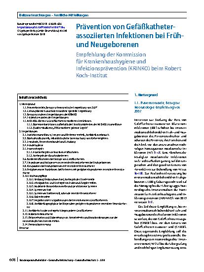 Vorschauseite 1: Prävention von Gefäßkatheter-assoziierten Infektionen bei Frühund Neugeborenen