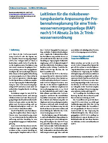 Vorschauseite 1: Leitlinien für die risikobewertungsbasierte Anpassung der Probennahmeplanung für eine Trinkwasserversorgungsanlage (RAP) nach § 14 Absatz 2a bis 2c Trinkwasserverordnung