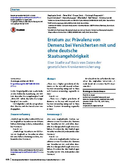 Vorschauseite 1: Erratum zu: Prävalenz von Demenz bei Versicherten mit und ohne deutsche Staatsangehörigkeit