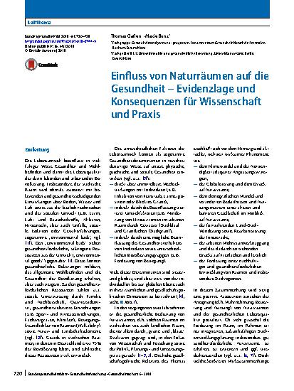 Vorschauseite 1: Einfluss von Naturräumen auf die Gesundheit – Evidenzlage und Konsequenzen für Wissenschaft und Praxis