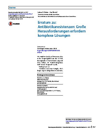 Vorschauseite 1: Erratum zu: Antibiotikaresistenzen: Große Herausforderungen erfordern komplexe Lösungen