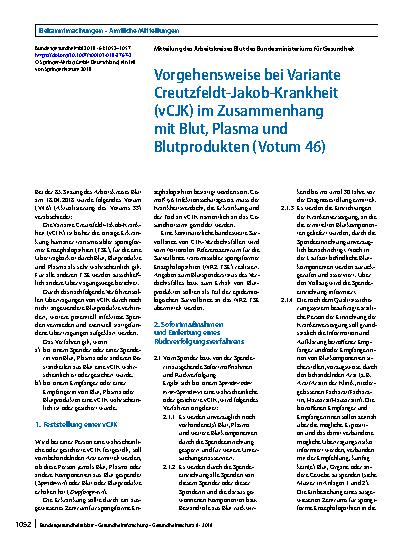 Vorschauseite 1: Vorgehensweise bei Variante Creutzfeldt-Jakob-Krankheit (vCJK) im Zusammenhang mit Blut, Plasma und Blutprodukten (Votum 46)