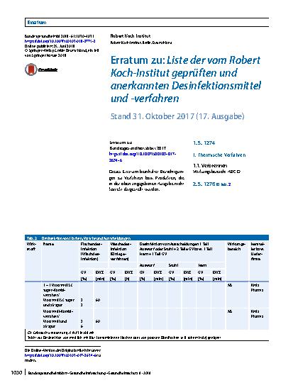 Vorschauseite 1: Erratum zu: Liste der vom Robert Koch-Institut geprüften und anerkannten Desinfektionsmittel und -verfahren