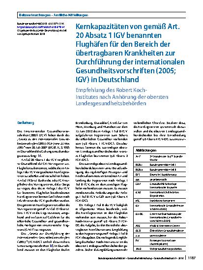 Vorschauseite 1: Kernkapazitäten von gemäß Art. 20 Absatz 1 IGV benannten Flughäfen für den Bereich der übertragbaren Krankheiten zur Durchführung der internationalen Gesundheitsvorschriften (2005…