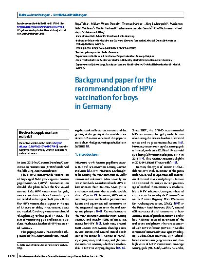 Vorschauseite 1: Background paper for the recommendation of HPV vaccination for boys in Germany