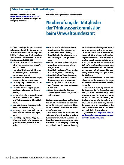Vorschauseite 1: Neuberufung der Mitglieder der Trinkwasserkommission beim Umweltbundesamt