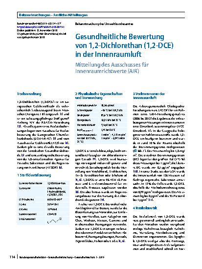 Vorschauseite 1: Gesundheitliche Bewertung von 1,2-Dichlorethan (1,2-DCE) in der Innenraumluft