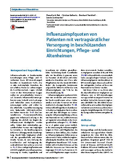 Vorschauseite 1: Influenzaimpfquoten von Patienten mit vertragsärztlicher Versorgung in beschützenden Einrichtungen, Pflegeund Altenheimen