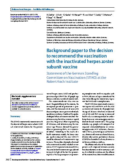 Vorschauseite 1: Background paper to the decision to recommend the vaccination with the inactivated herpes zoster subunit vaccine